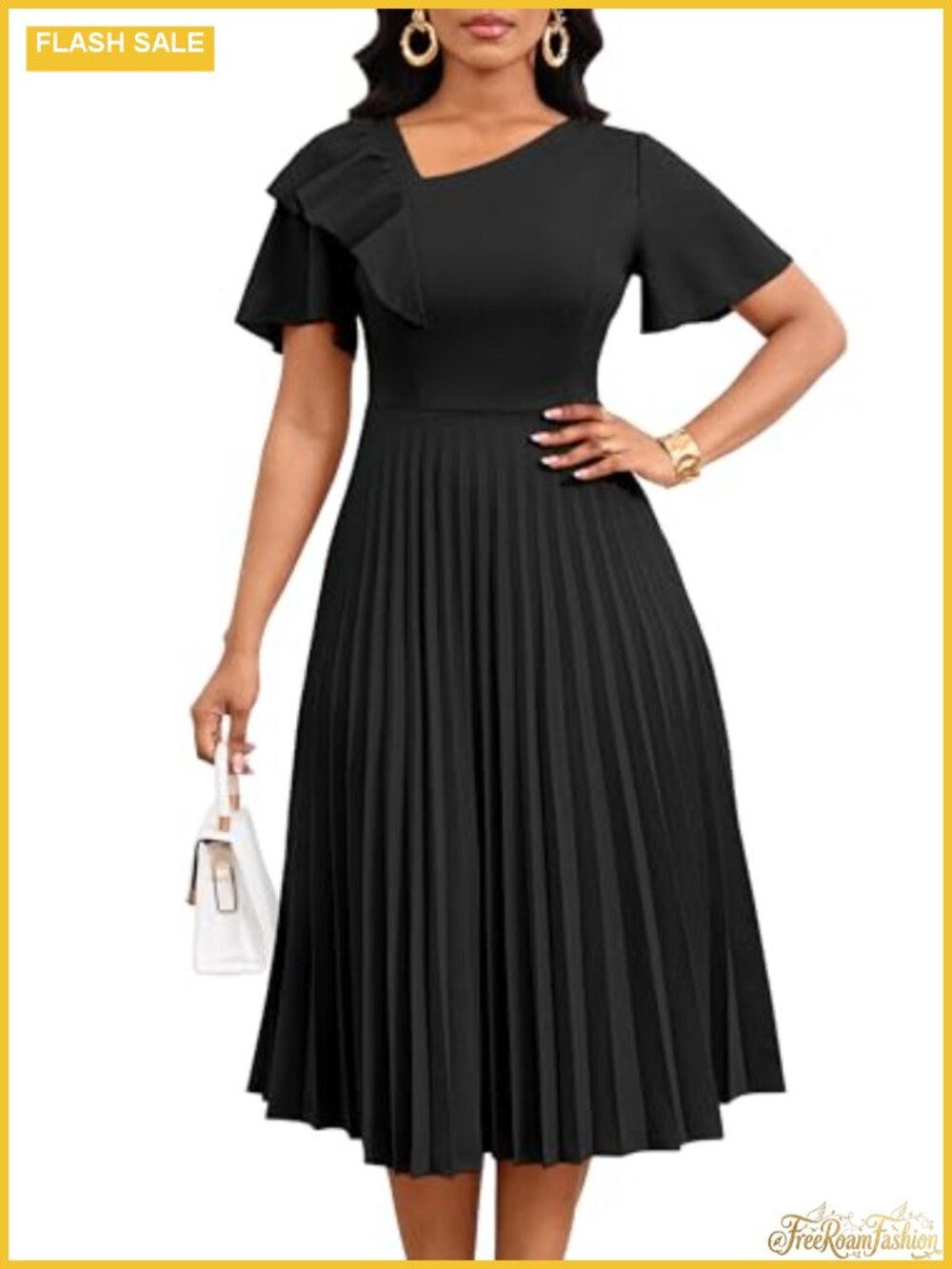 Women's Pleated A-Line Midi Dress Ruffle Short Sleeve Empire Waist Flowy